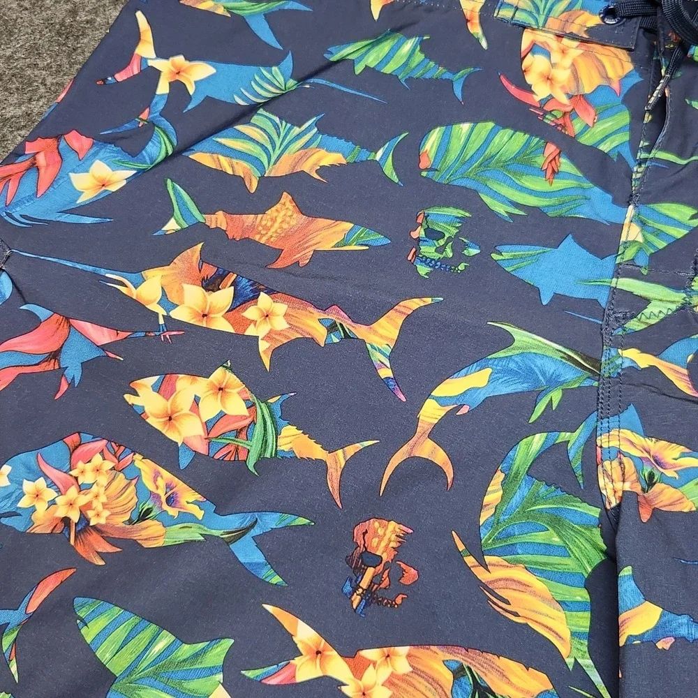 Salt Life Mens SLX-QD Vapor Stretch Cargo Board Swim Shorts Floral Fish Skull 40